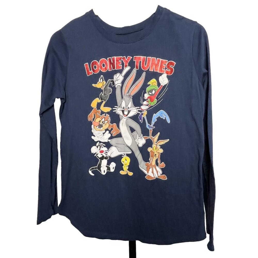 Looney Tunes T Shirt Large Bugs Bunny Cartoon Characters Long Sleeve Navy Casual